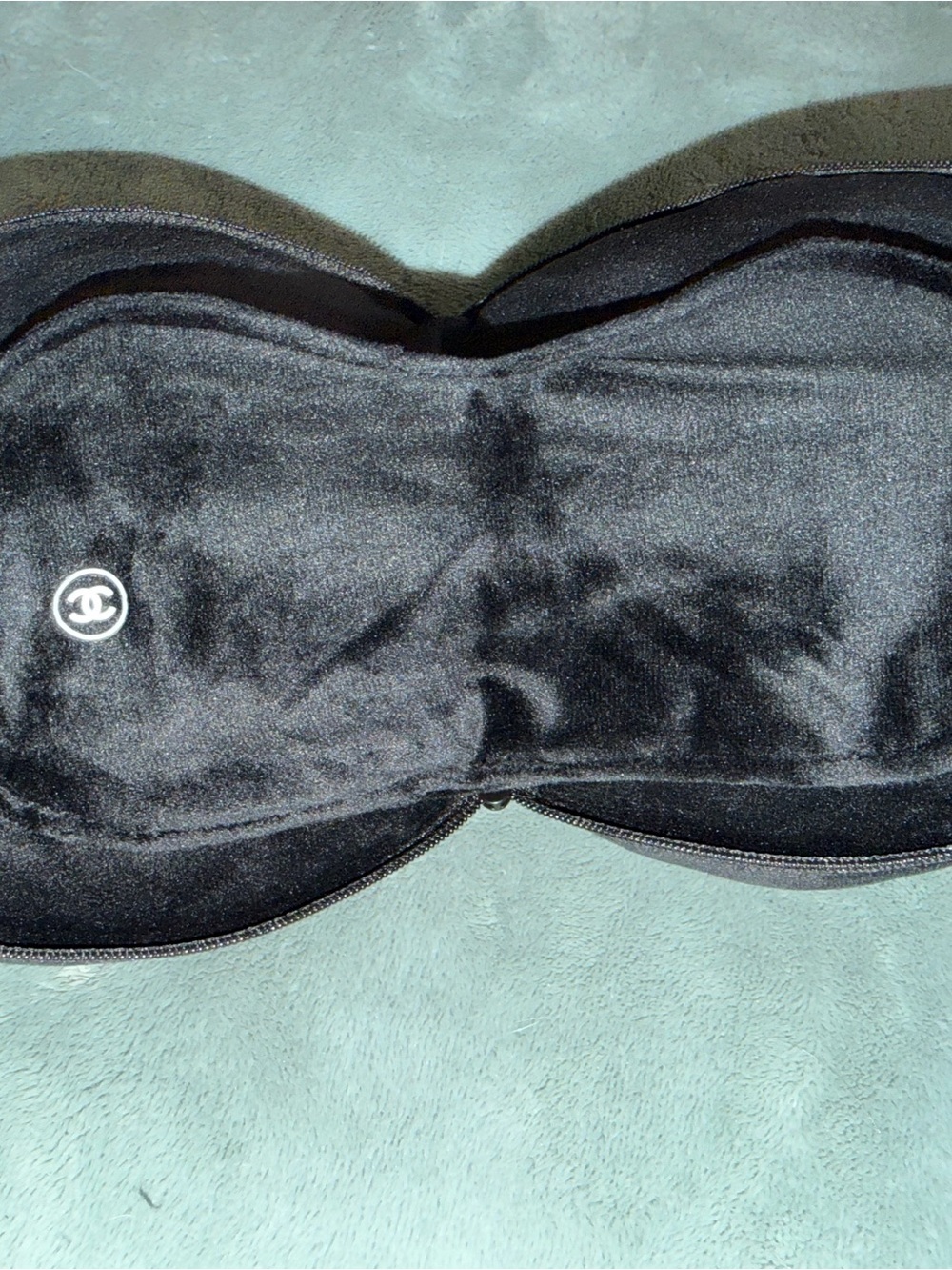 CHANEL Black Velvet eye mask and attached head pillow with CC Emblem
